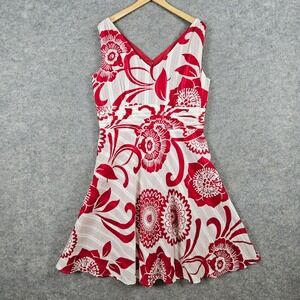Amanda Lane Red Floral Print V-Neck Fit & Flare Dress Women's Size 16 Cotton